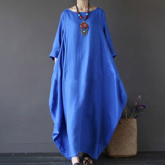 BRGZLK Spring Dresses for Women 2026 Summer Casual Loose Lightweight Breathable Comfortable Round Neck Solid Color Long Sleeve Linen Long Maxi Dresses/Caftan Blue 5XL