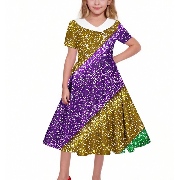 BRGZLK Spring Summer Girl Hepburn Style Carnival Party Print Short Sleeve Turn Down Collar Dress Waist Tucking Button Dance Skirt Purple A 11-12 Years