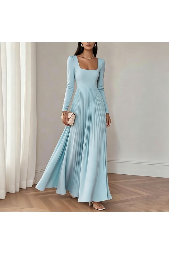 Square Neck Bridesmaid Dresses for Women Trendy Solid Color Long Sleeve Empire Waist Pleated Gowns Wedding Guest Dress Maxi Formal Evening Dress Sky Blue XL