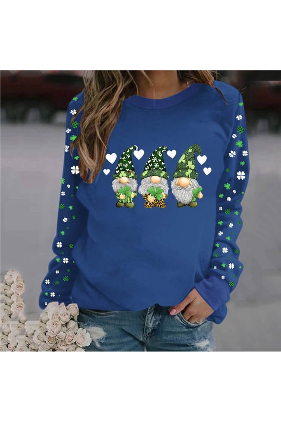 St Patrick Day Shirt for Women Cute Funny Gnomes Graphic T-Shirt Long Sleeve No Hood Pullover Tops Blue XXL