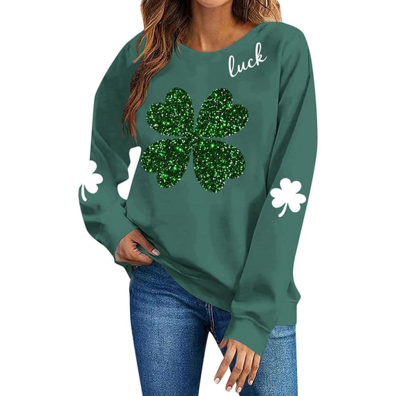 BRGZLK St.Patrick's Day Sweatshirts for Women Round Neck Print Sweatshirt Long Sleeve Funny Irish Shamrock Graphic Pullover Top Holiday Clothes Green XS