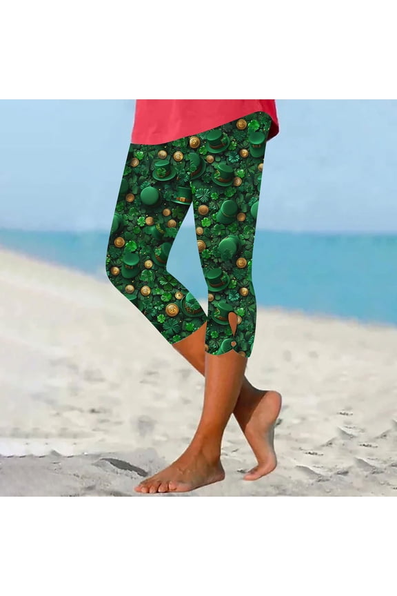 St Patricks Day Capri Pants For Women Stretch Shamrock Clover Print Compression Leggings Slimming Hollow Out Capris
