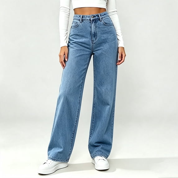 BRGZLK Straight Leg Jeans Women Stretchy Button High Waisted Wide Leg Denim Pants Tummy Control Stretchy Baggy Pants with Pockets Blue XL