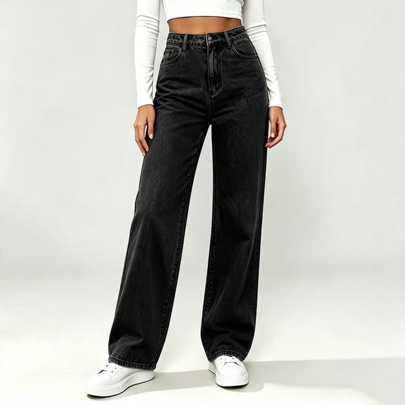 BRGZLK Straight Leg Jeans Women Stretchy Button High Waisted Wide Leg Denim Pants Tummy Control Stretchy Baggy Pants with Pockets Dark Gray XS