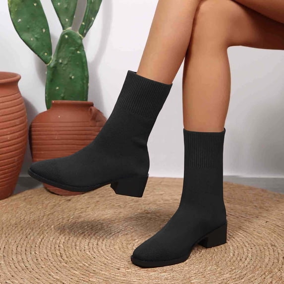 BRGZLK Stretch Mesh Ankle Boots for Women Fall Winter Chunky Heel Breathable Comfort Slip On Solid Color Comfy Knit Sock Booties Daily Shoes 2026 Black 39