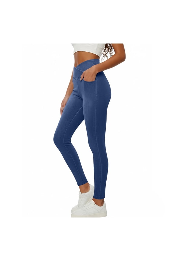 Stretchy Jeans For Women Trendy Butt Lifting Leggings with Pockets Crossover Waisted Jeggings Pull On Skinny Jeans