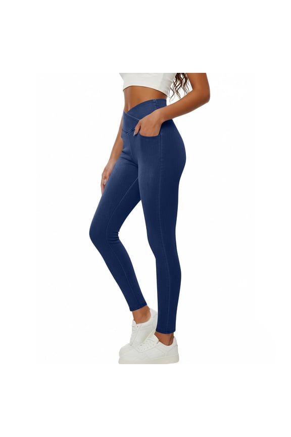 Stretchy Jeans For Women Trendy Butt Lifting Leggings with Pockets Crossover Waisted Jeggings Pull On Skinny Jeans