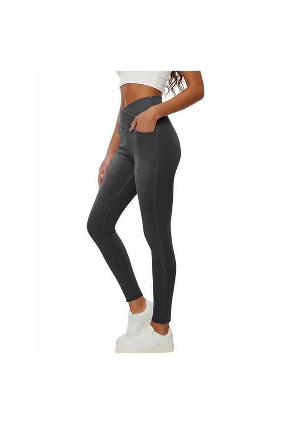 Stretchy Jeans For Women Trendy Butt Lifting Leggings with Pockets Crossover Waisted Jeggings Pull On Skinny Jeans