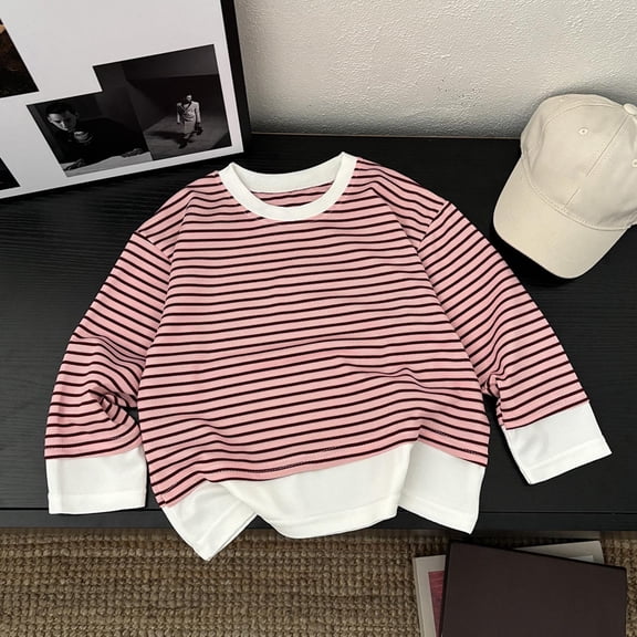 BRGZLK Stripe Fake Two Piece T Shirt for Boys Fashion Long Sleeve Round Neck Base Layer Shirt Loose Boys Versatile Clothing Pink 7-8 Years