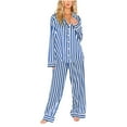 thumbnail image 1 of BRGZLK Stripe Print Pajamas for Women Loose Turn Down Collar Cardigan Satin Loungewear Casual Long Top Pants Home Dress Pajama Set Blue S, 1 of 4