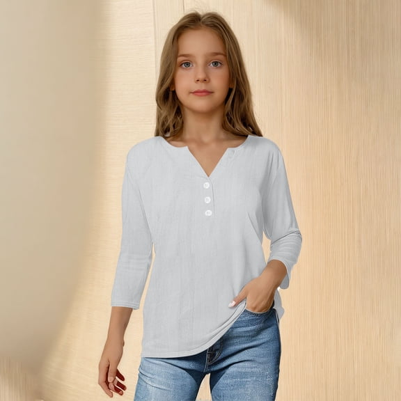 BRGZLK Summer 3/4 Sleeve T-Shirts for Girl Trendy Solid Color Imitation Cotton and Linen V-Neck Button Holiday Relaxed Fit Tees White 11-12 Years