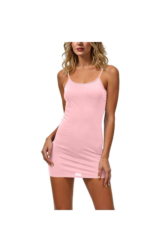 Summer Bodycon Dress for Women Adjustable Spaghetti Strap Round Neck Solid Color Breathable Under Dress Camisole Halter Mini Slip Dress Pink L