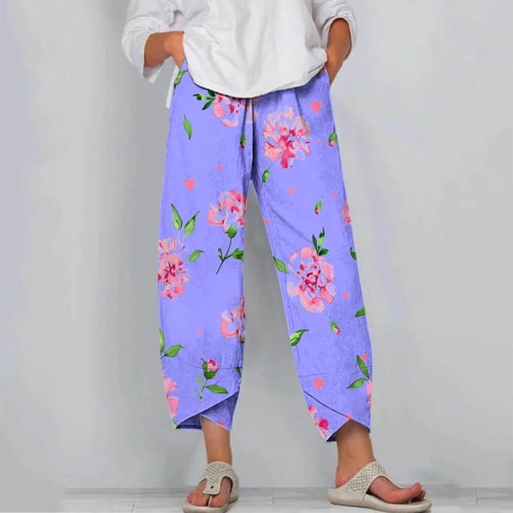 BRGZLK Summer Casual Pants for Womens Comfort Fashion Trendy Print Beach Vocation Seven Points Pants Purple A L