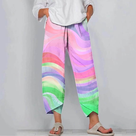 BRGZLK Summer Casual Pants for Womens Comfort Fashion Trendy Print Beach Vocation Seven Points Pants Purple XXXXL