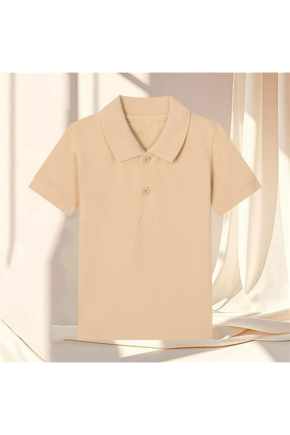Summer Casual Tops For Kids, Children's Cute Solid Color Lapel Short Sleeved Cotton T-Shirt Khaki 12-13 Years