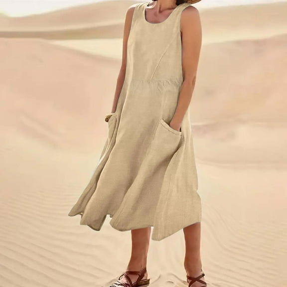 BRGZLK Summer Cotton Linen Dress for Women Solid Color Sleeveless Round Neck Casual Loose Beach Style Flowy Long Dress with Pocket Khaki S