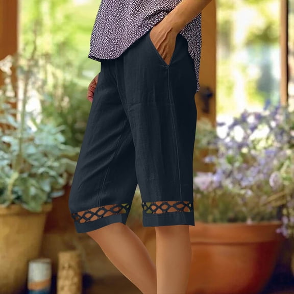 BRGZLK Summer Cotton Linen Pants for Women Fashion Solid Color Elastic Waist Lace Patchwork Cozy Short Pants with Pocket Navy XL