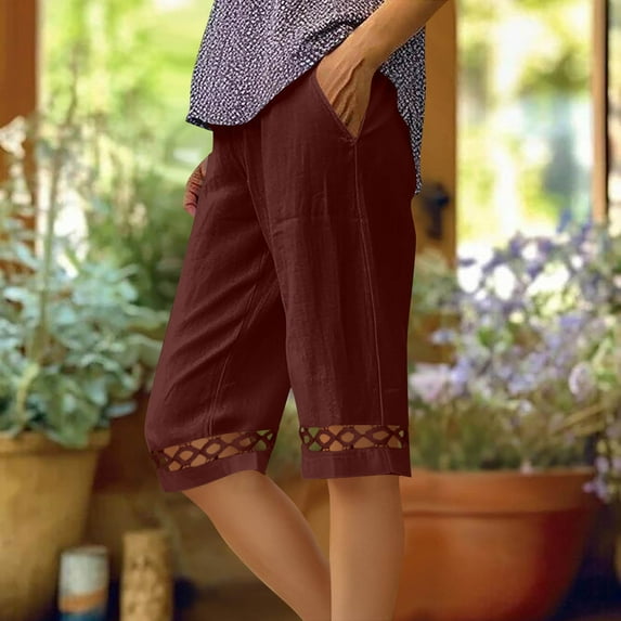 BRGZLK Summer Cotton Linen Pants for Women Fashion Solid Color Elastic Waist Lace Patchwork Cozy Short Pants with Pocket Wine M