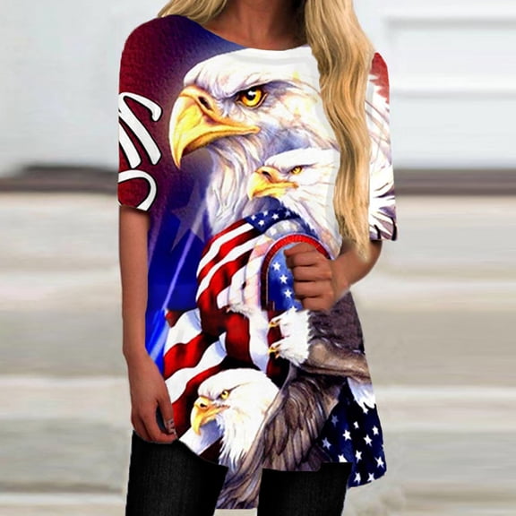 BRGZLK Summer Cotton T-Shirts For Women Fashion Independence Day Flag Printed Blouse Loose Casual Round Neck Short Sleeve Holiday Tops Red S