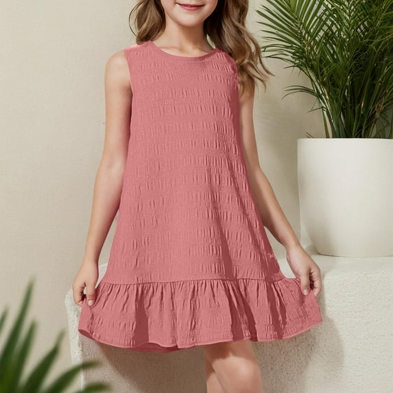 BRGZLK Summer Dresses for Kids,Girls Trendy Solid Color Sleeveless Round Neck Swing A-Line Mini Dress Pink 14-15 Years