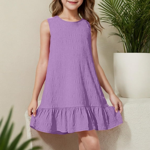 BRGZLK Summer Dresses for Kids,Girls Trendy Solid Color Sleeveless Round Neck Swing A-Line Mini Dress Purple 7-8 Years