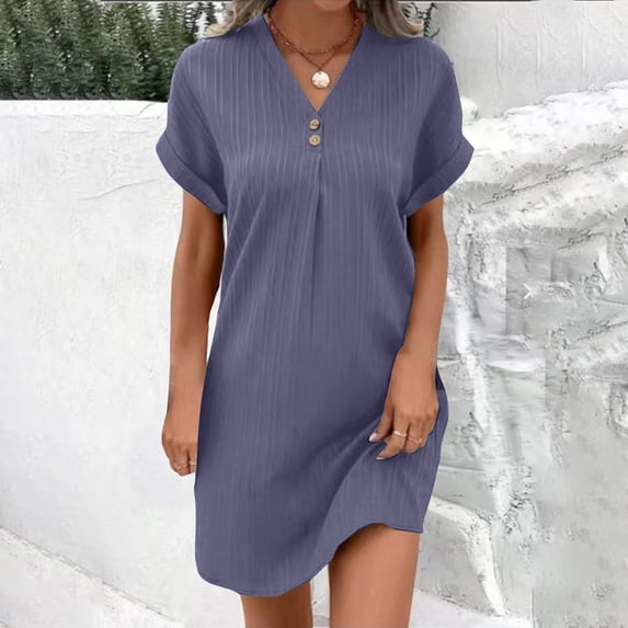 BRGZLK Summer Dresses for Women 2026 Trendy Breach Solid Color Knee Length V Neck Dress Tunics A Line Ribbed Mini T Shirt Dress Purple L