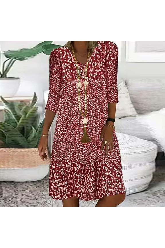 Summer Dresses for Women 2026 Trendy Floral Print Casual Comfortable V Neck 3/4 Sleeve Lightweight Loose Midi Dresses Red L