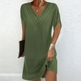 thumbnail image 1 of BRGZLK Summer Dresses for Women Solid Color Novel Trendy Short Sleeve V Neck Casual Breathable Comfy Pleated Batwing Sleeve Dresses Army Green S, 1 of 5
