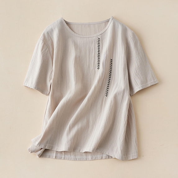 BRGZLK Summer Embroidered Tops For Women Short Sleeve Loose Fit Plain T Shirts Basic Vintage Tees Cotton Crew Neck