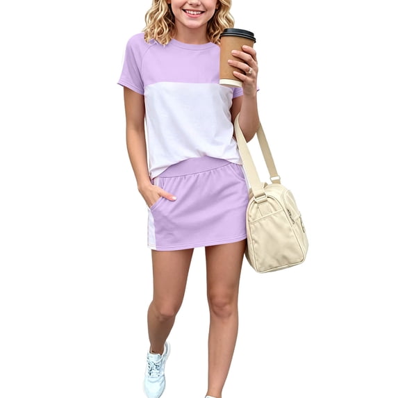 BRGZLK Summer Girls Clothes Short Sleeve Color Block T-Shirt and Skirt Shorts Set Lightweight Breathable Comfortable Outfits Purple 1-2 Years