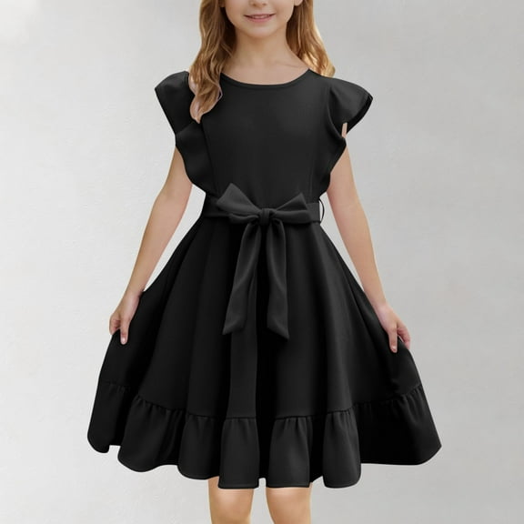 BRGZLK Summer Girls Dresses, Trendy Solid Flying Sleeve A-Line with Belted Pockets Casual Party Dress for Kids Black 14-15 Years