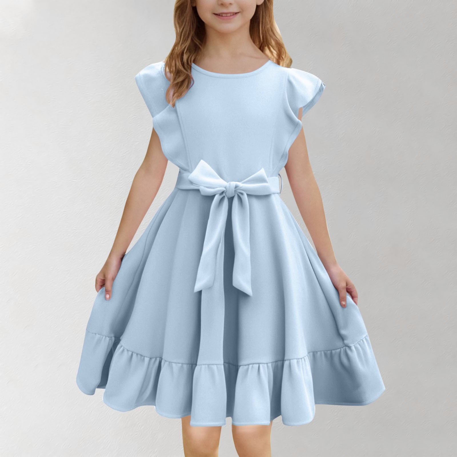 Summer Girls Dresses, Trendy Solid Flying Sleeve A-Line with Belted Pockets Casual Party Dress for Kids Light Blue 12-13 Years