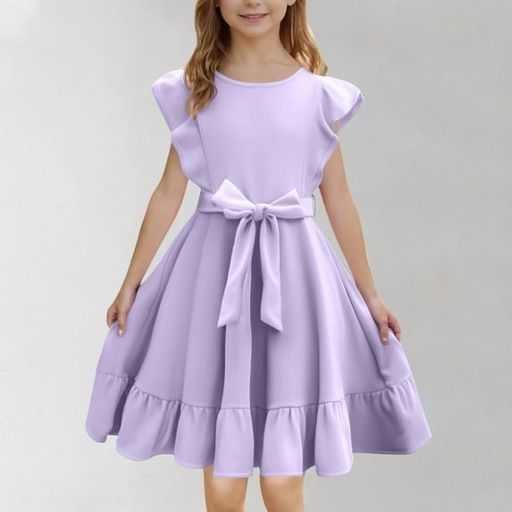 BRGZLK Summer Girls Dresses, Trendy Solid Flying Sleeve A-Line with Belted Pockets Casual Party Dress for Kids Purple 5-6 years