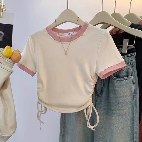 BRGZLK Summer Girls Fashion T-Shirts Versatile Style Color Blocking Slim Fit Stretchy Short Sleeve Round Neck Top Shirt with Waist Tucking Drawstring Beige 8-9 Years