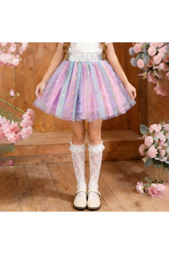 Summer Girls Skirt Sparkly Sequin Rainbow Multicolor Versatile Puffy Netting Skirt Fashion Cute Ballet Dancing Half Skirt for Holiday Party Pink E 9-10 Years