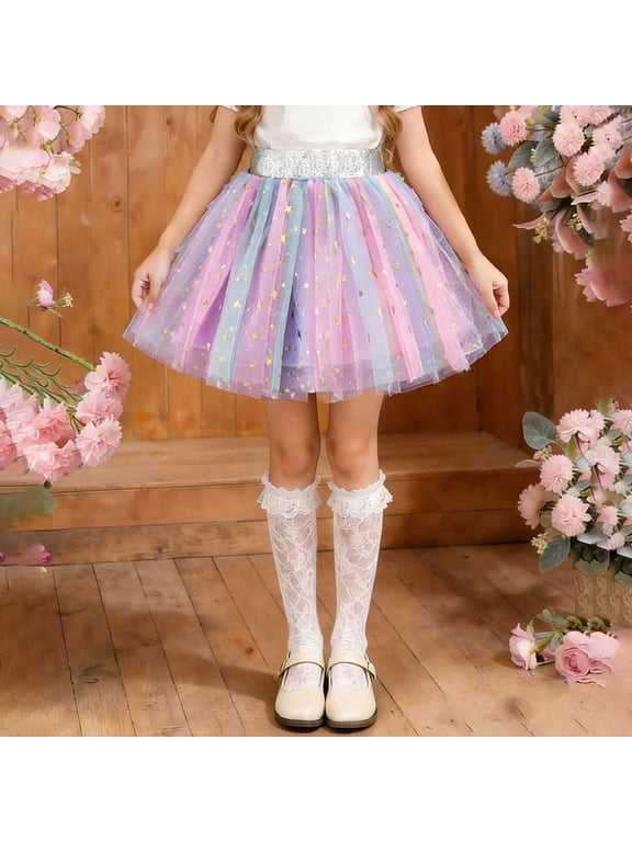 Summer Girls Skirt Sparkly Sequin Rainbow Multicolor Versatile Puffy Netting Skirt Fashion Cute Ballet Dancing Half Skirt for Holiday Party Pink E 5-6 Years