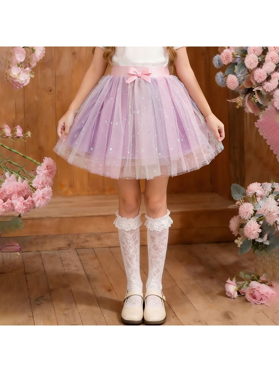 Summer Girls Skirt Sparkly Sequin Rainbow Multicolor Versatile Puffy Netting Skirt Fashion Cute Ballet Dancing Half Skirt for Holiday Party Purple 3-4 Years