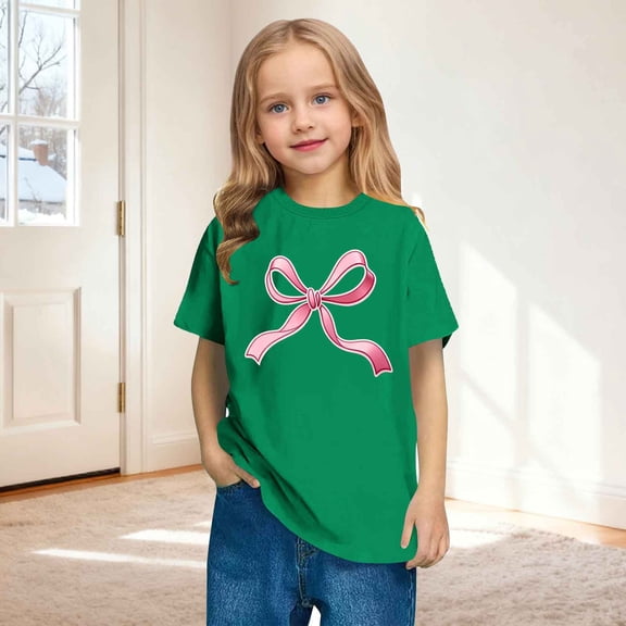 BRGZLK Summer Girls T Shirts Fashion Lovely Bow Graphic Print T Shirt Casual Round Neck Short Sleeve Trendy Oversized Preppy Cute Clothes for Teens Girls Green 5-6 Years