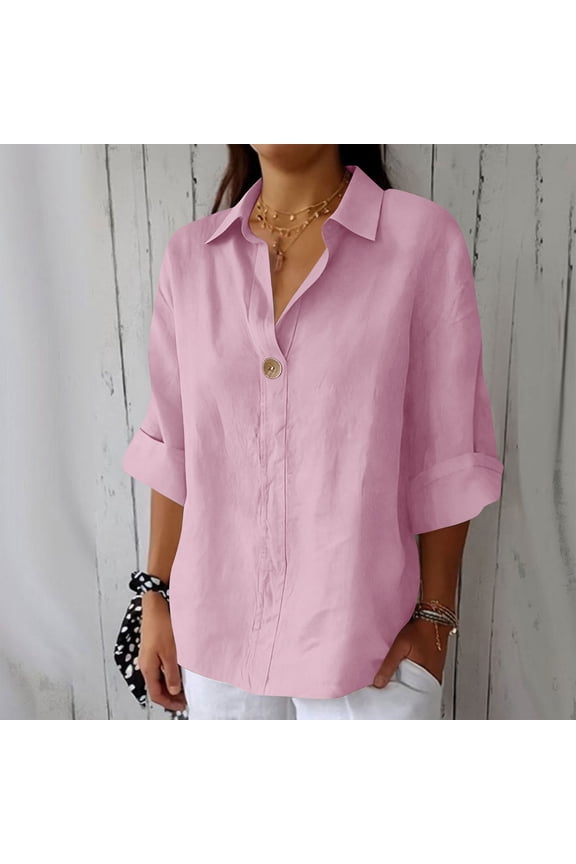 Summer Linen Shirts for Women Solid Color Casual Loose Turn Down Collar 3/4 Sleeve Linen V Neck Top Comfy Breathable Basic Tunic Tops 2026 Pink XXL