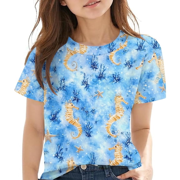 BRGZLK Summer New Shirts for Kids 2025 Trendy Graphic Round Neck Blouses Loose Casual Versatile Short Sleeve Tee Sky Blue 13-14 Years