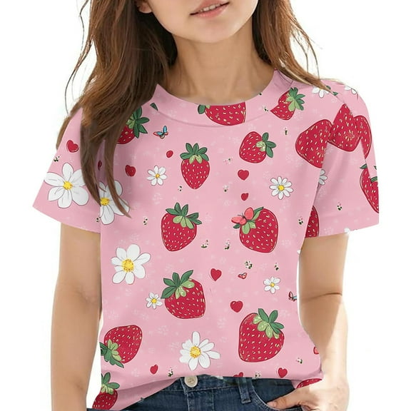 BRGZLK Summer New Shirts for Kids 2025 Trendy Graphic Round Neck Blouses Loose Casual Versatile Short Sleeve Tee Watermelon Red 5-6 Years