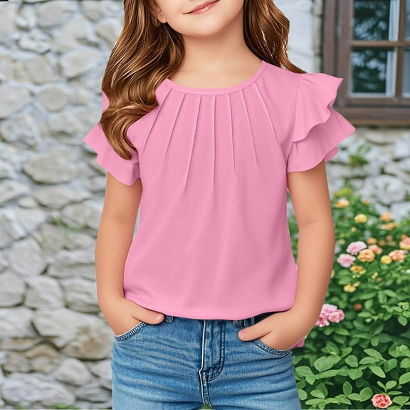 BRGZLK Summer New Shirts for Kids Cute Ruffle Short Sleeve T-Shirt Girls Pleated Round Neck Versatile Tops Tees Pink 9-10 Years