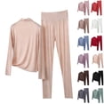 thumbnail image 1 of BRGZLK Summer Pajamas For Women Outfit 2 Piece Fashion High Collar Solid Color Long Sleeve Turtle Neck Shirt and Bottoms Sleepwear Lounge Sets Breathable Stretchy, 1 of 6
