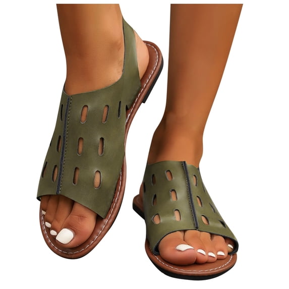 BRGZLK Summer Sandals For Women 2025 Fashion Casual New Large Size Hollow One-Line Flat Bottom Splicing Fish Mouth Outdoor Beach Sandals Army Green 9