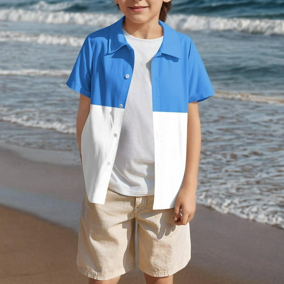 BRGZLK Summer Saving Clearance 2025! Boys Girls Fashion Color Blocking Shirts Loose Casual Short Sleeve Turndown Neck Collar Botton Beach Top Blue 13-14 Years
