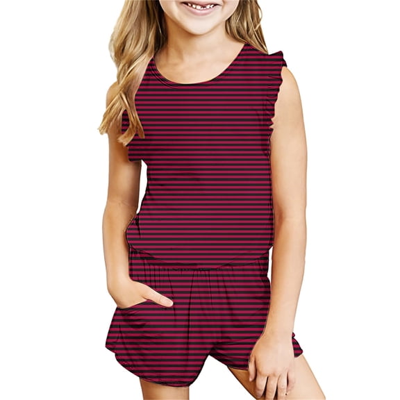 BRGZLK Summer Sets For Kids 2025 Trendy Striped Print Casual Sleeveless Round Neck Vest Tops and Elastic Waist Short Pants Sets Red 11-12 Years