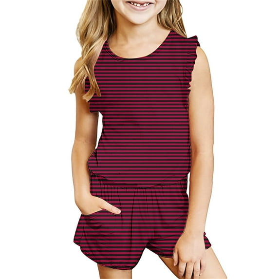 BRGZLK Summer Sets For Kids 2025 Trendy Striped Print Casual Sleeveless Round Neck Vest Tops and Elastic Waist Short Pants Sets Red 9-10 Years