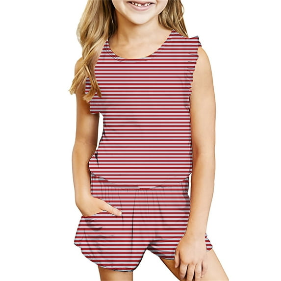 BRGZLK Summer Sets For Kids 2025 Trendy Striped Print Casual Sleeveless Round Neck Vest Tops and Elastic Waist Short Pants Sets Wine 3-4 Years