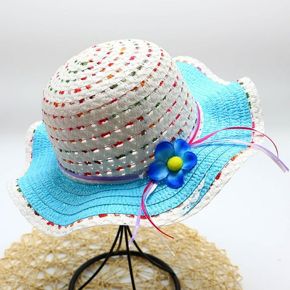BRGZLK Summer Straw Hat for Girls Large Summer Cute Sun Hat Kids Outdoor Sunshade and Sun Protection Hat With Bowknot for 3-7 Years Blue Free Size