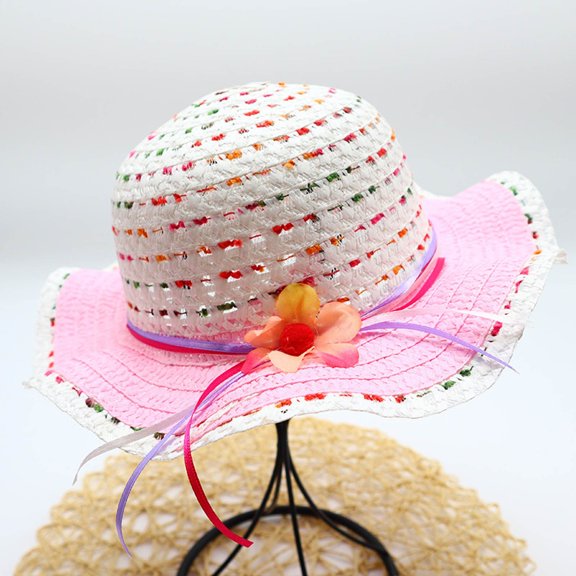 BRGZLK Summer Straw Hat for Girls Large Summer Cute Sun Hat Kids Outdoor Sunshade and Sun Protection Hat With Bowknot for 3-7 Years Pink Free Size